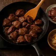 Na patelni smaży się aromatyczna wątróbka z indyka. Obok miseczki z solą, pieprzem i surową wątróbką, oraz miseczka z karmelizowaną cebulką.