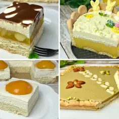 Cztery pyszne ciasta: warstwowe z owocami i polewą, wielkanocne z króliczkami, z brzoskwiniami i pistacjowe. Idealne na urodzinowe przyjęcie!