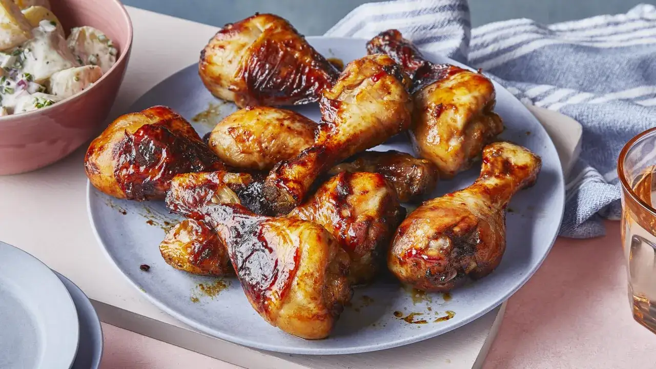 Apetyczne pałki z kurczaka airfryer, błyszczące od sosu, ułożone na talerzu obok sałatki ziemniaczanej.
