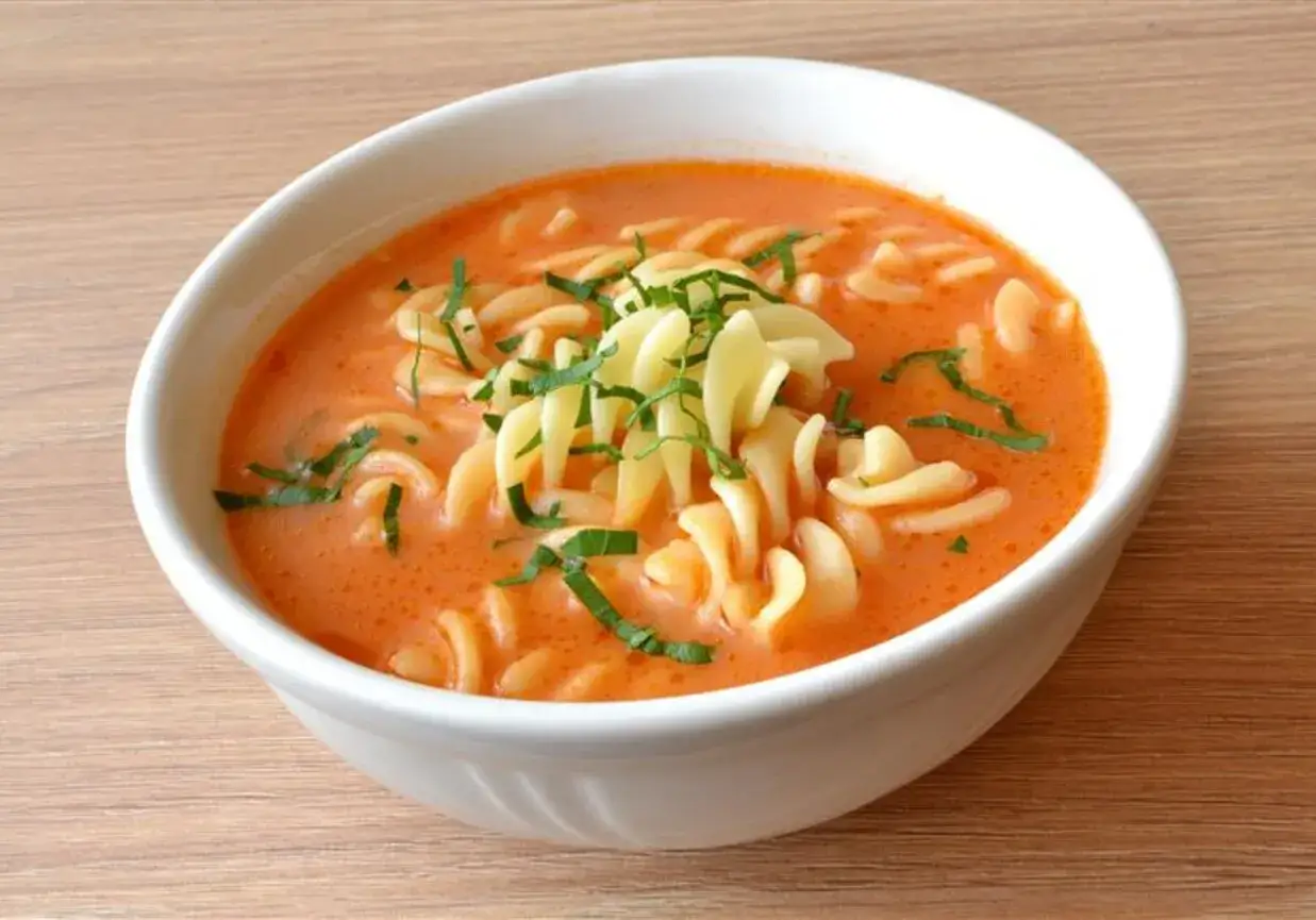 Pyszna zupa pomidorowa z makaronem fusilli, posypana świeżą natką pietruszki. Idealny przepis na szybki obiad.
